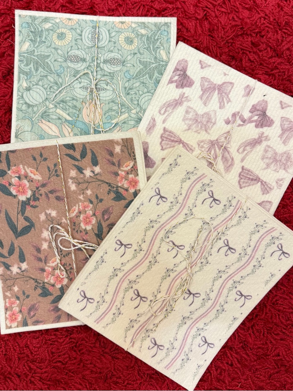 4pks of Set of 3 Floral & Bow Patterned Swedish wash dish cloths in Soft Past